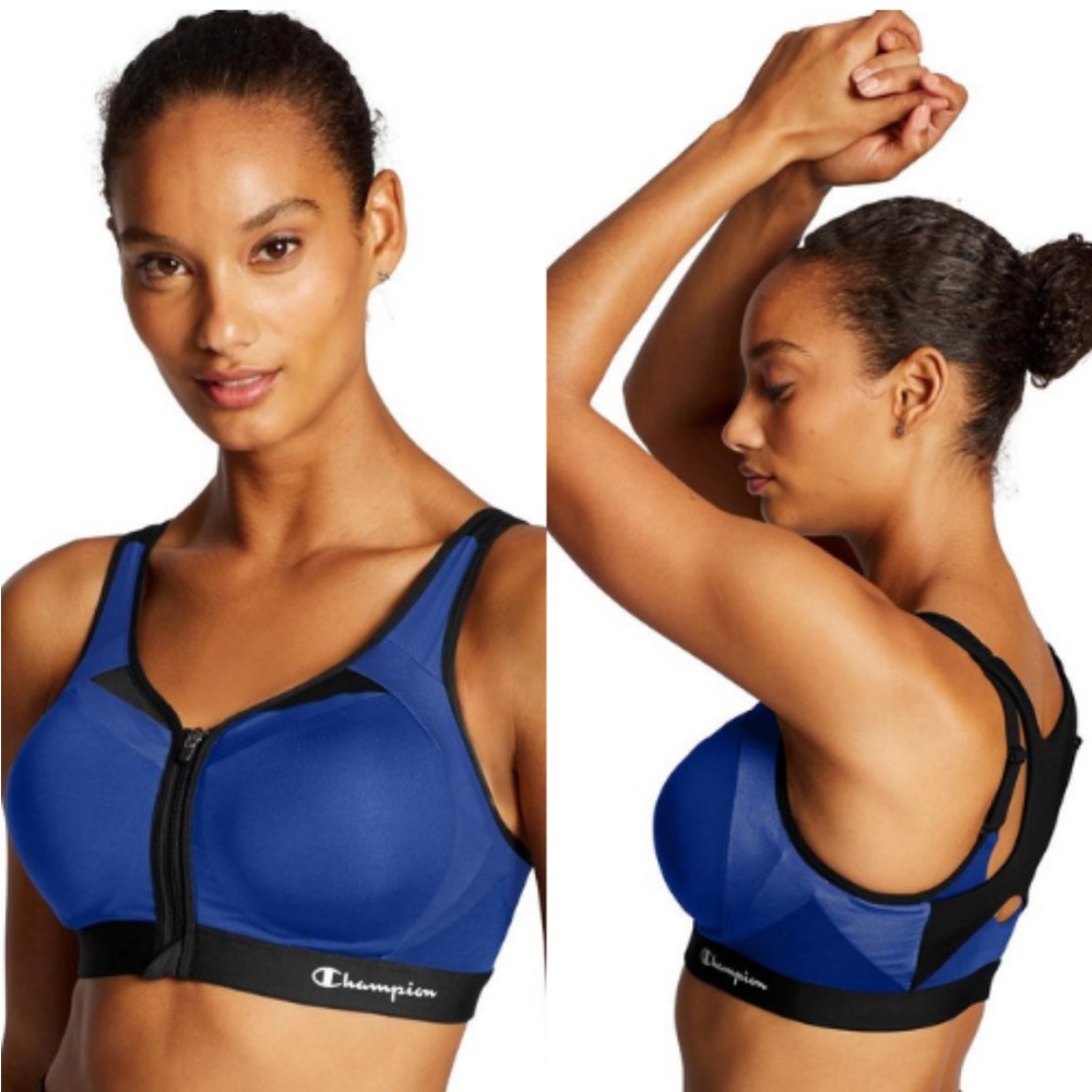 CHAMPION MOTION CONTROL FRONT ZIP RACERBACK SPORTS BRA BLACK BLUE 38DD